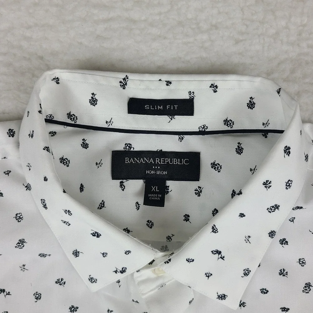 Banana Republic Shirt Mens XL Black‎ White Floral Slim Fit Non Iron Button Up